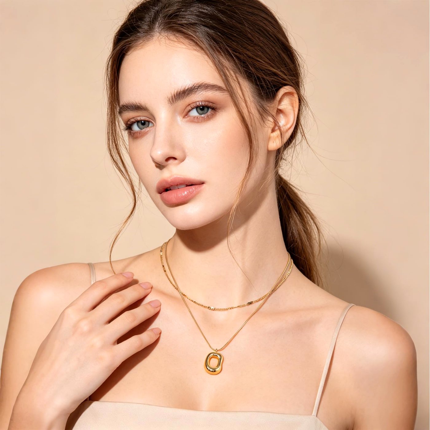 YUJIE Oval Pendant Necklace, Gold Tone, second view