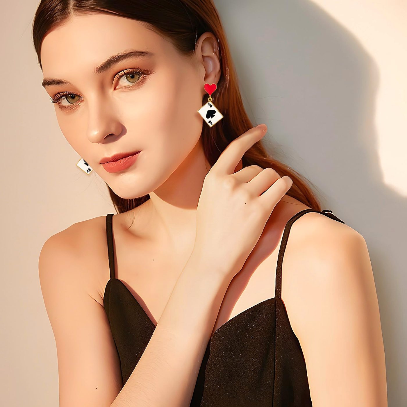 YUJIE Poker Card Drop Earrings, Red Heart Top, view 3