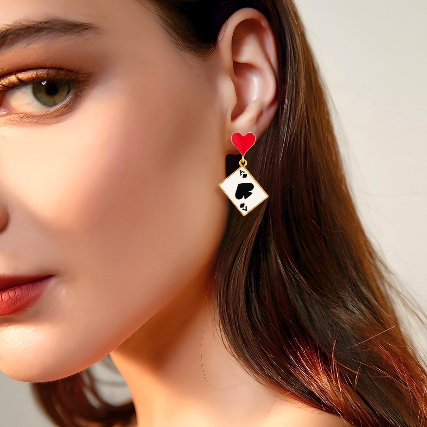 YUJIE Poker Card Drop Earrings, Red Heart Top, view 4