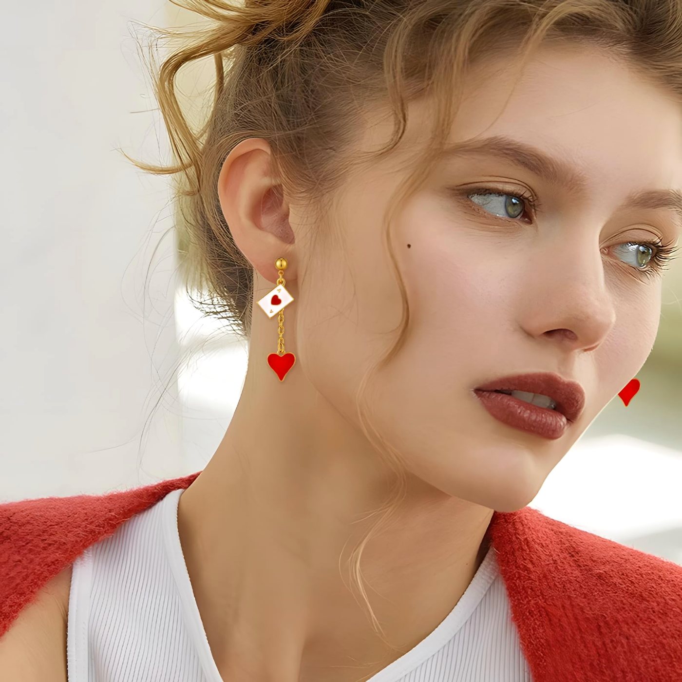 YUJIE Poker Card Drop Earrings, Red Heart Drop, second view