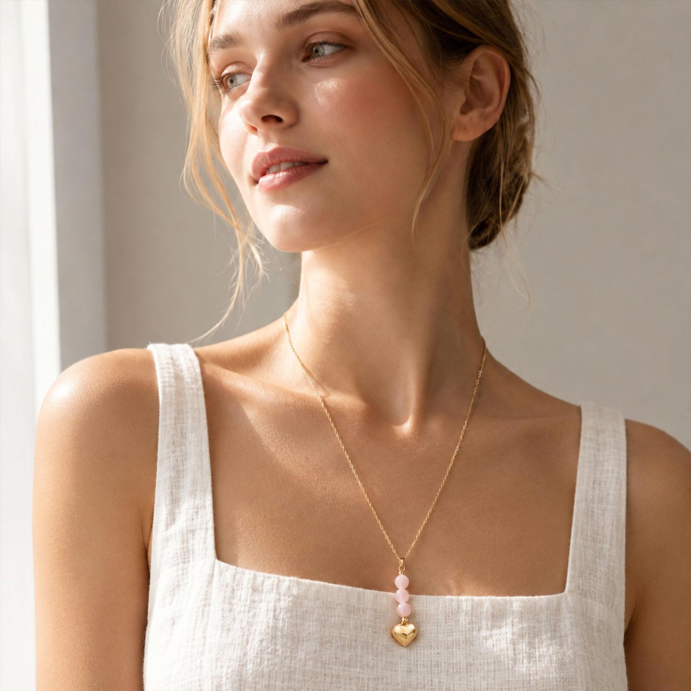 YUJIE Puffy Heart Pendant Necklace, Rose Quartz Bead, view 3