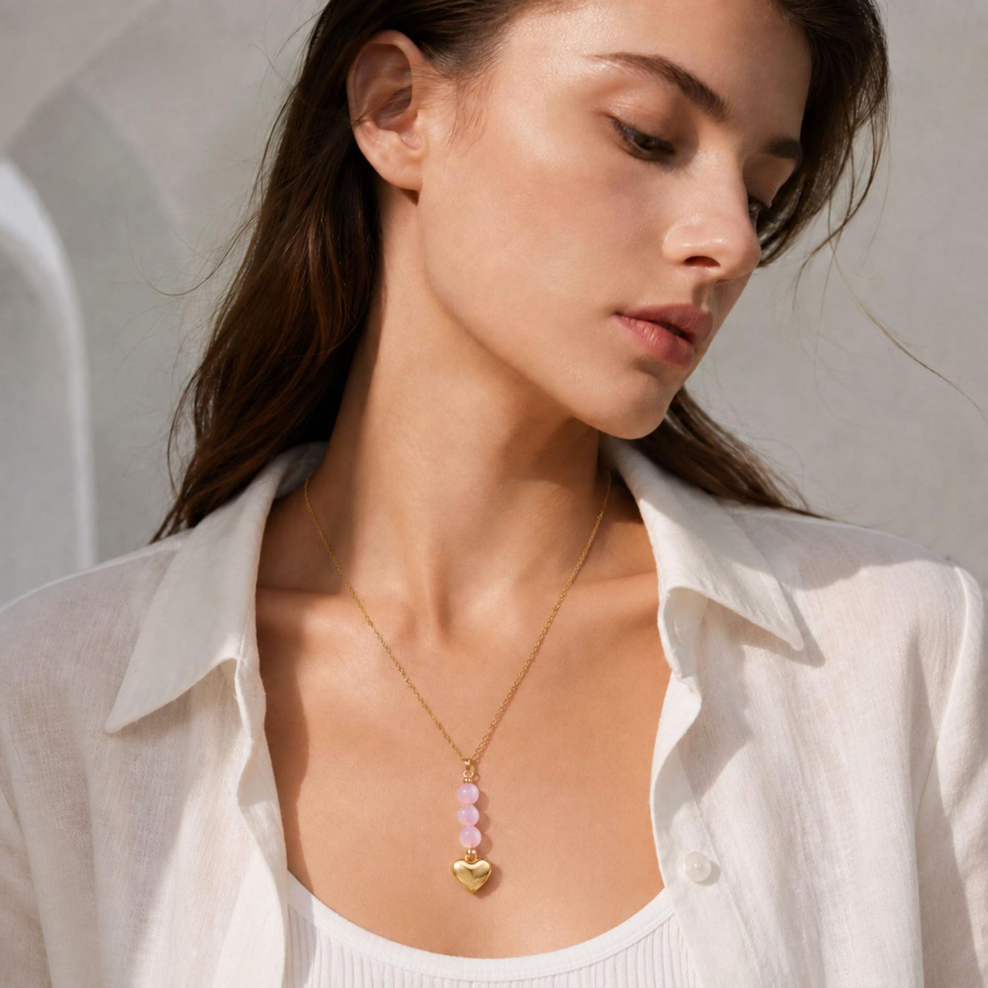 YUJIE Puffy Heart Pendant Necklace, Rose Quartz Bead, view 4