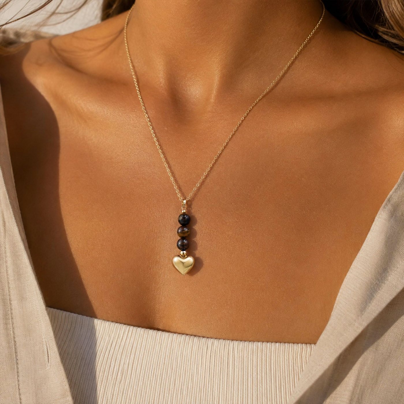 YUJIE Puffy Heart Pendant Necklace, Brown Bead Drop, second view