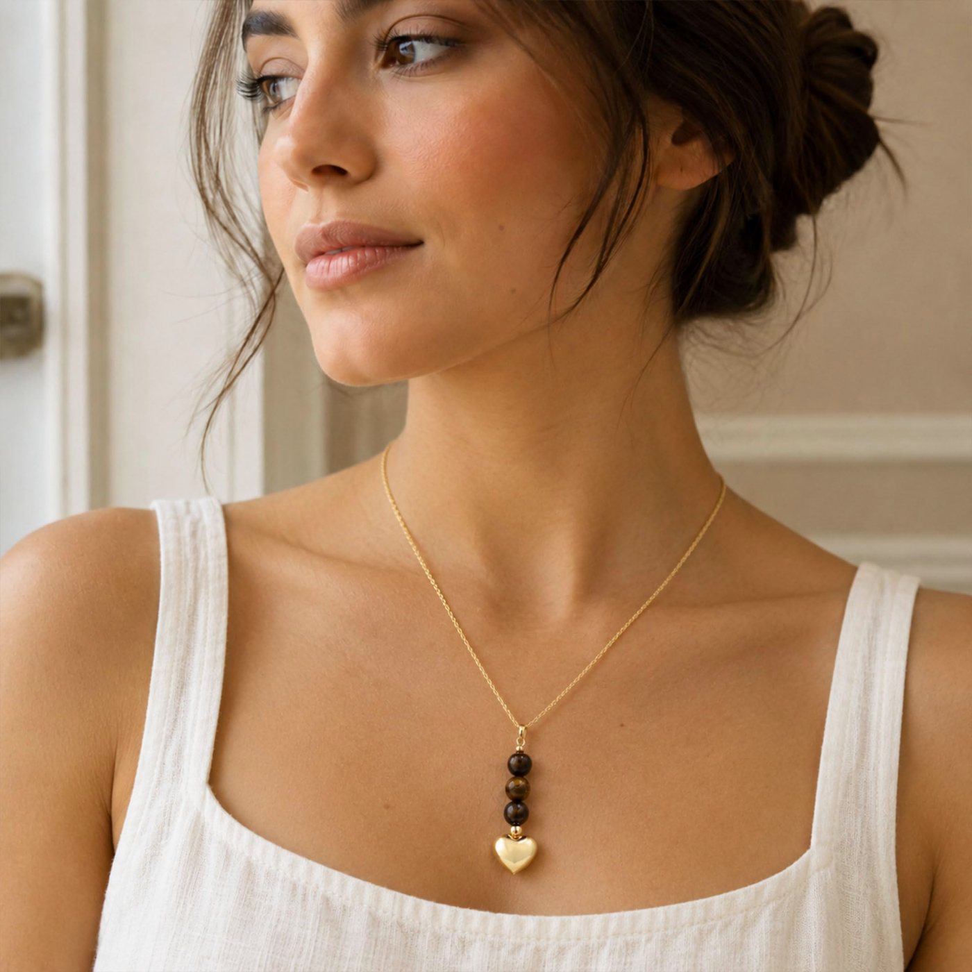 YUJIE Puffy Heart Pendant Necklace, Brown Bead Drop, view 5