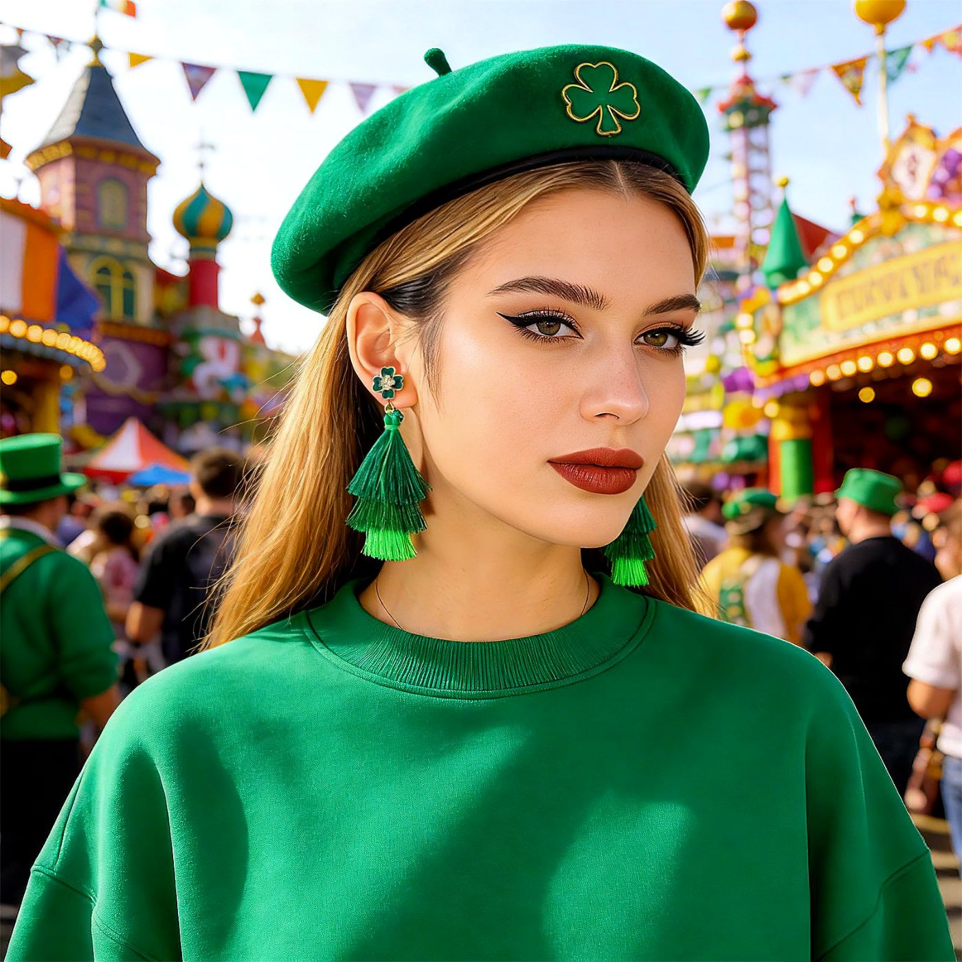YUJIE Shamrock Tassel Earrings, view 4