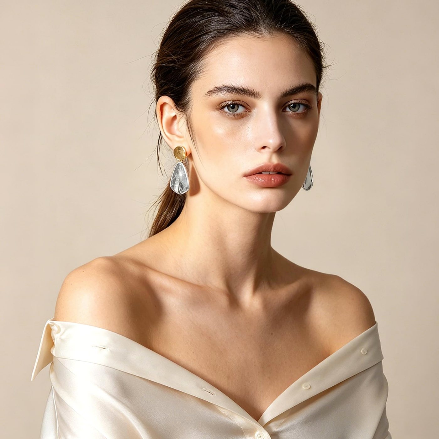 YUJIE Teardrop Drop Earrings, Gold Top Silver, view 3
