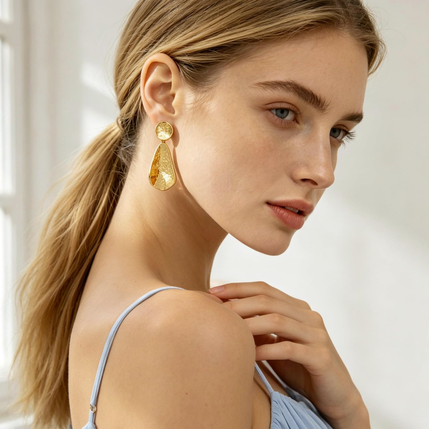 YUJIE Teardrop Drop Earrings, Hammered Gold, view 3