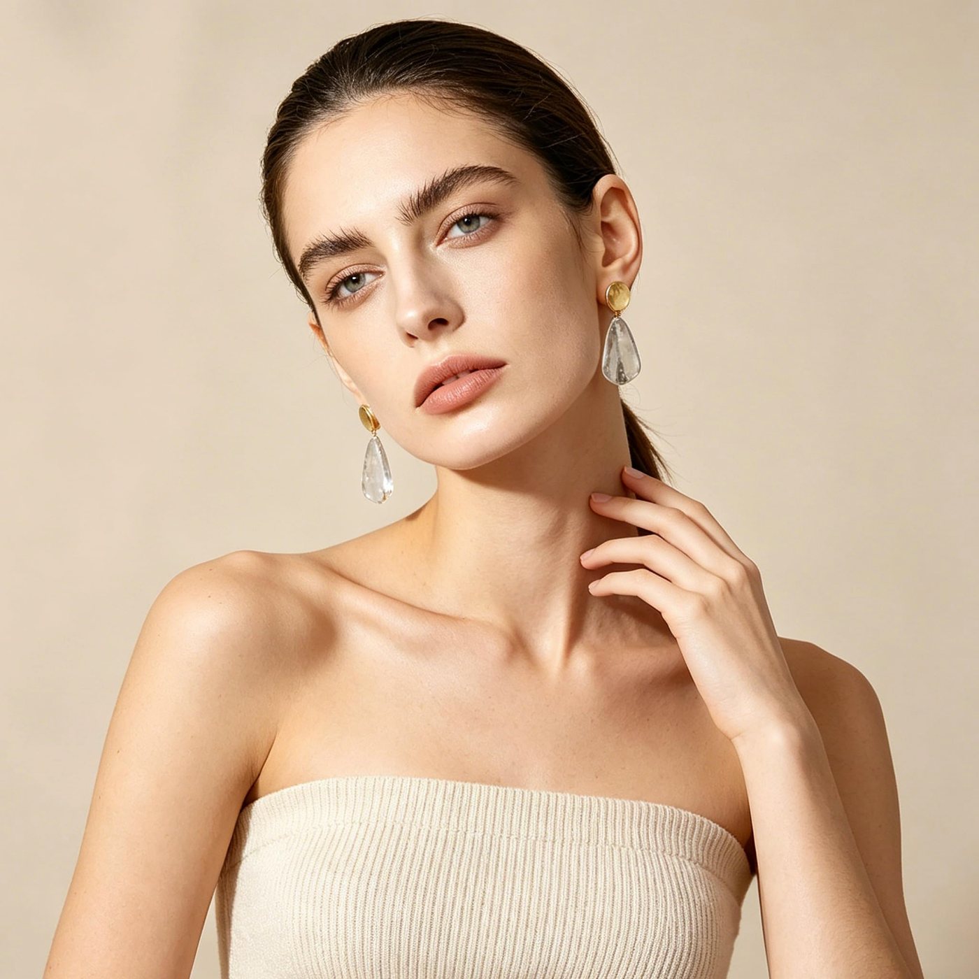 YUJIE Teardrop Drop Earrings, Gold Top Silver, view 4