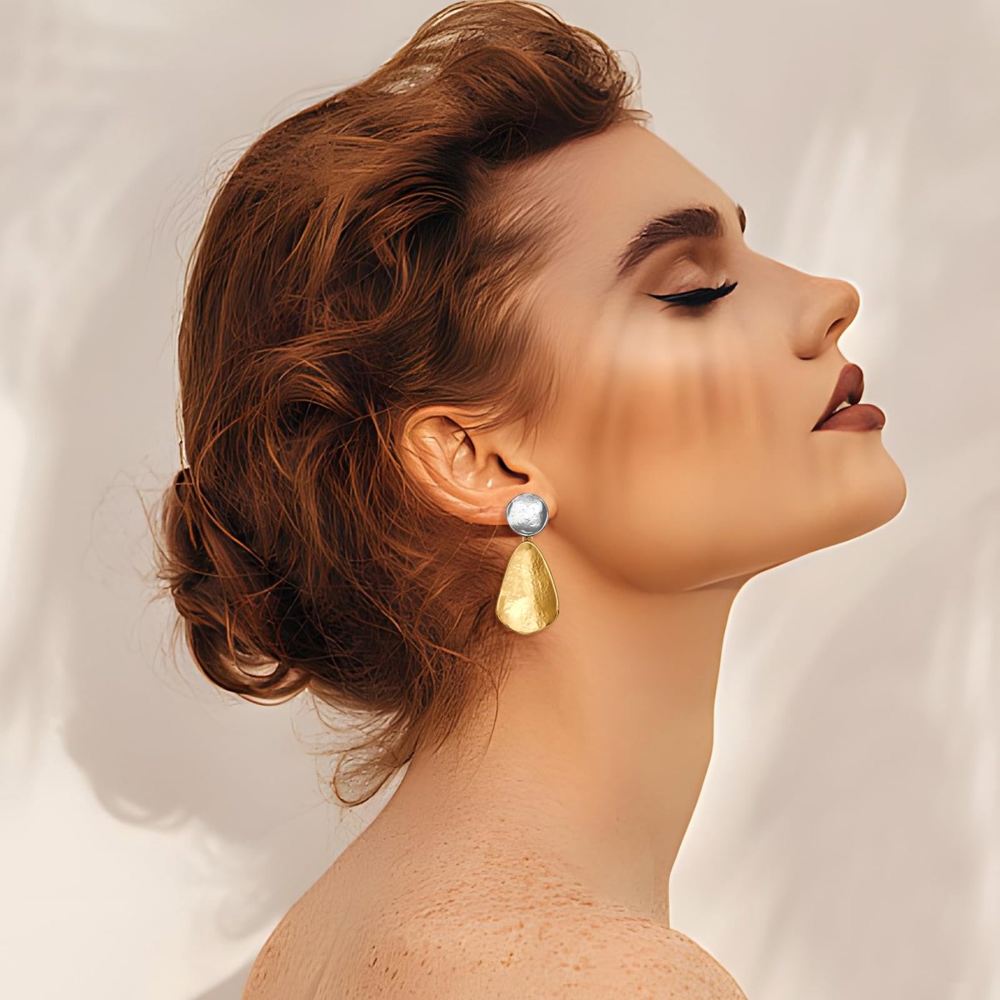YUJIE Teardrop Drop Earrings, Two Tone Hammered, view 3