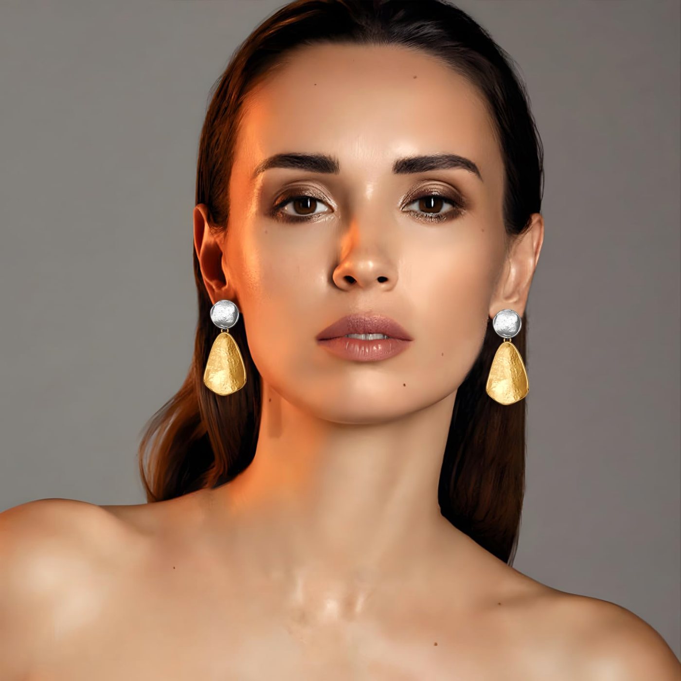 YUJIE Teardrop Drop Earrings, Two Tone Hammered, view 4