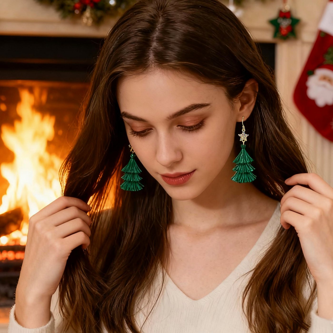 YUJIE Tiered Tassel Drop Earrings, Green Tassel, second view