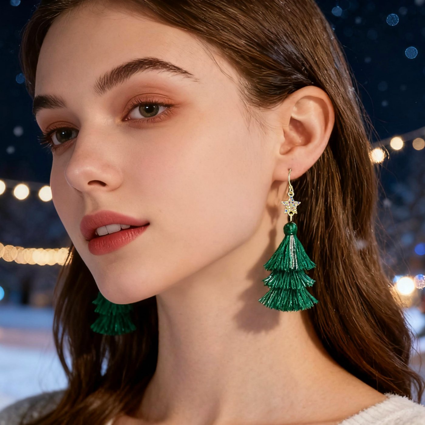 YUJIE Tiered Tassel Drop Earrings, Green Tassel, view 4