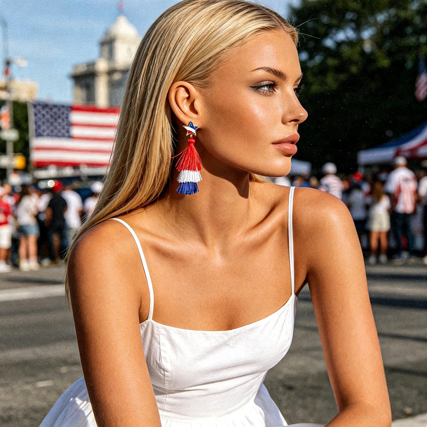YUJIE Tiered Tassel Drop Earrings, Red White Blue, view 4