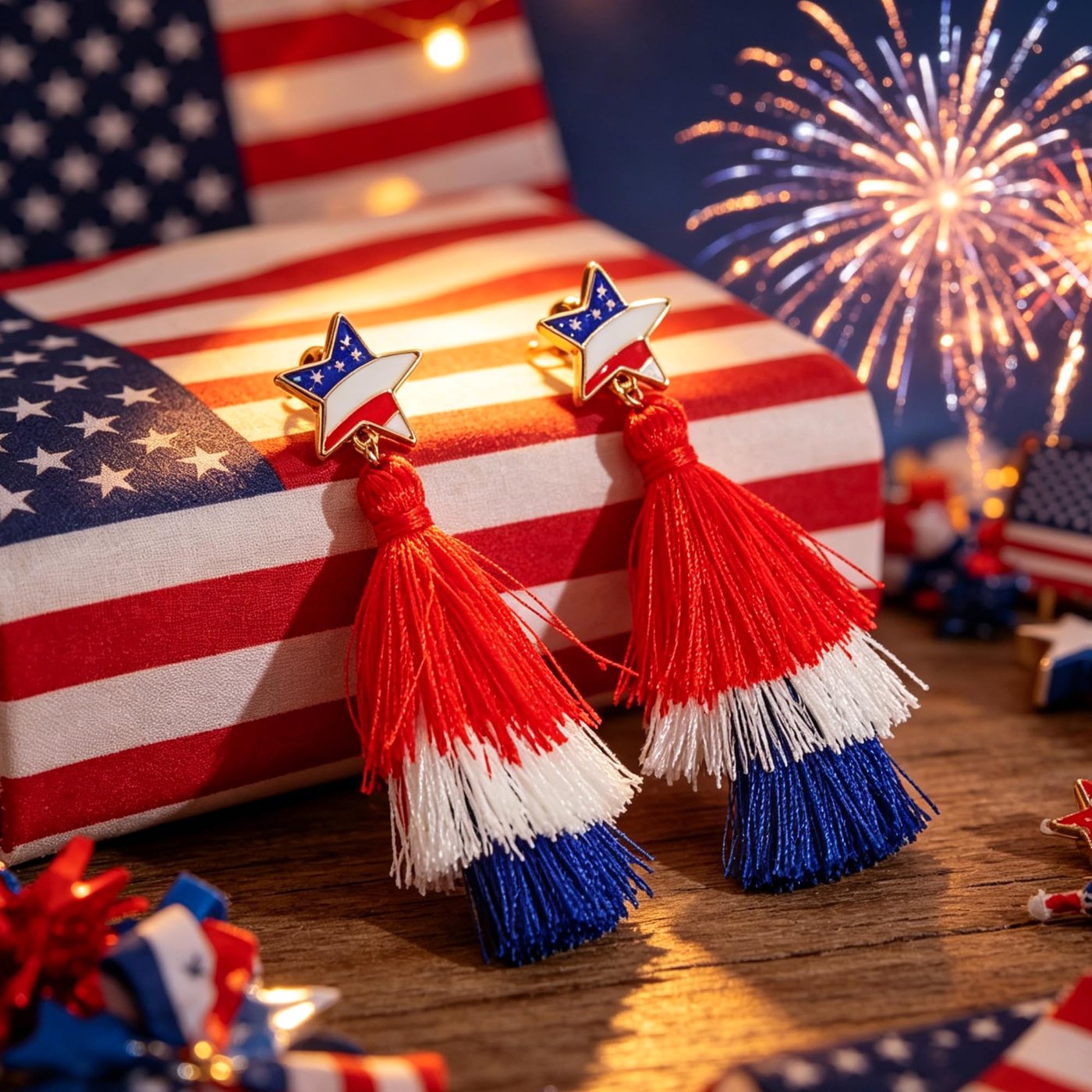 YUJIE Tiered Tassel Drop Earrings, Red White Blue, view 5