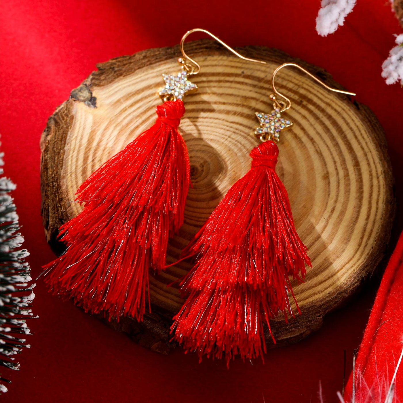 YUJIE Tiered Tassel Drop Earrings, Red Tassel, view 5