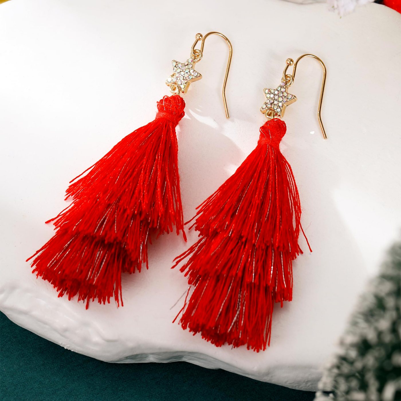 YUJIE Tiered Tassel Drop Earrings, Red Tassel, view 6