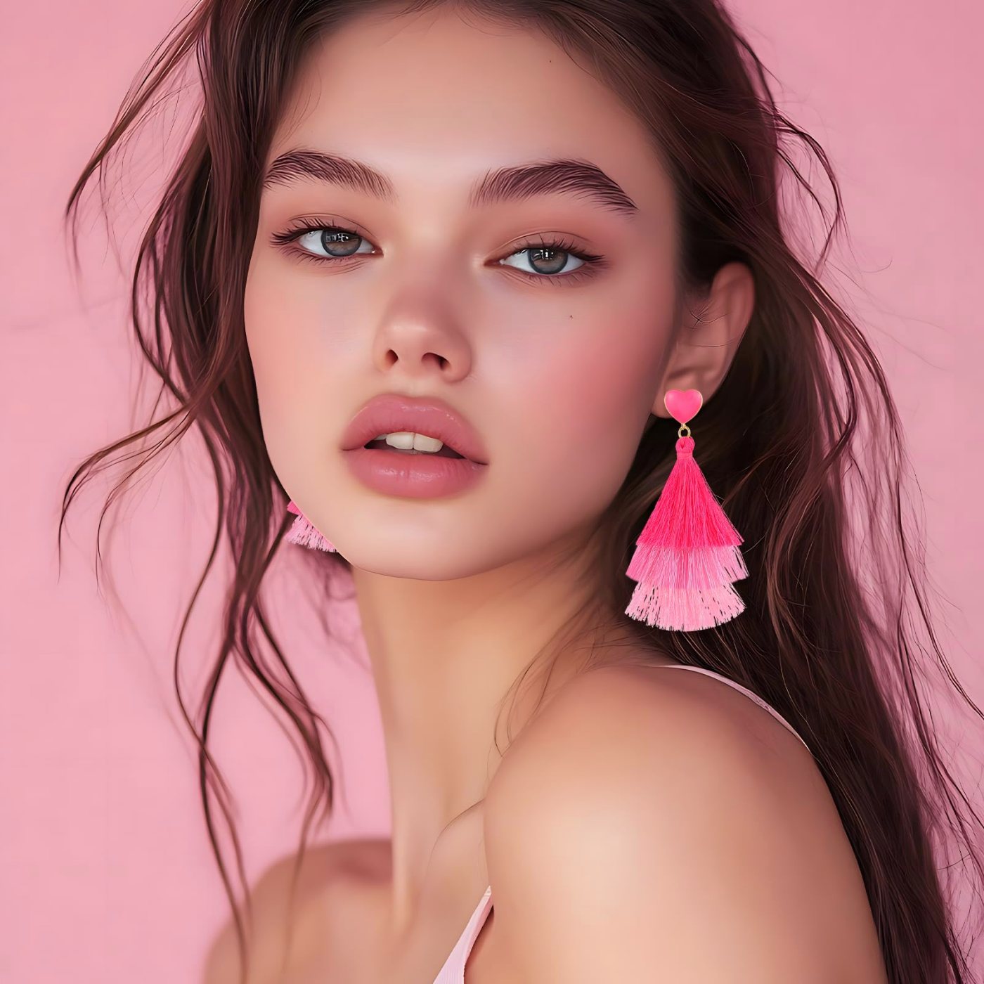 YUJIE Tiered Tassel Drop Earrings, Pink Heart, second view