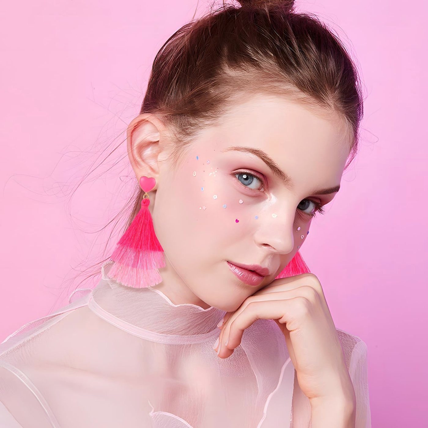 YUJIE Tiered Tassel Drop Earrings, Pink Heart, view 3