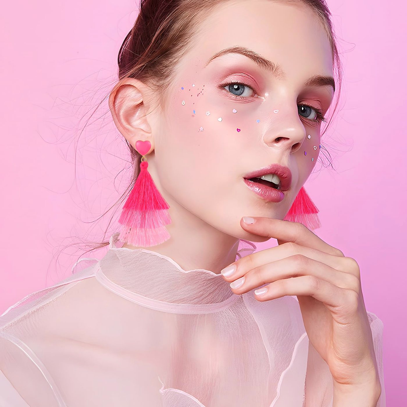 YUJIE Tiered Tassel Drop Earrings, Pink Heart, view 4