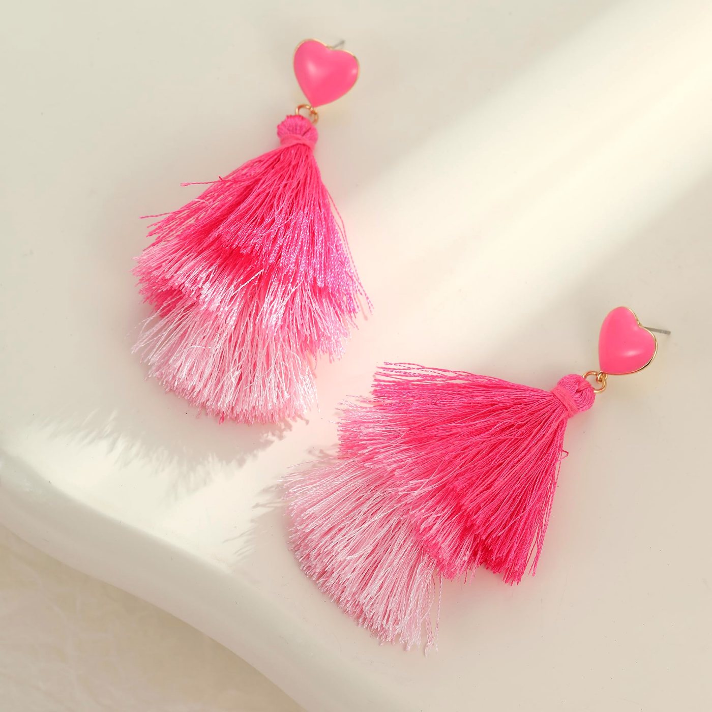 YUJIE Tiered Tassel Drop Earrings, Pink Heart, view 5