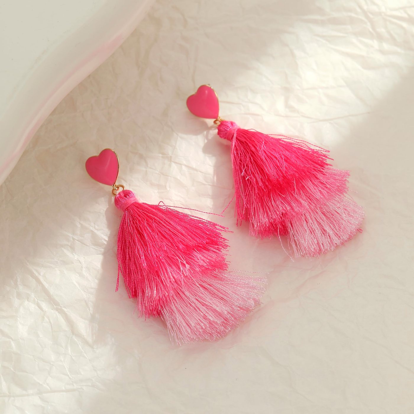 YUJIE Tiered Tassel Drop Earrings, Pink Heart, view 6